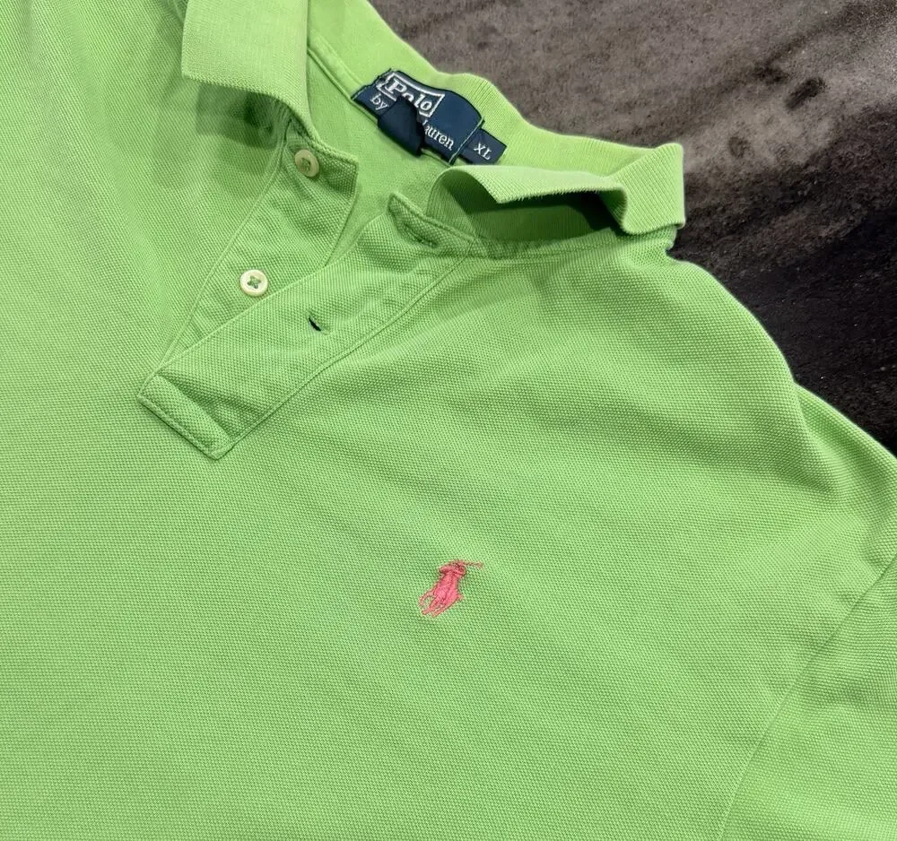 Vintage Polo Ralph Lauren Green Polo Shirt Men’s XL Pink Pony Short Sleeve
